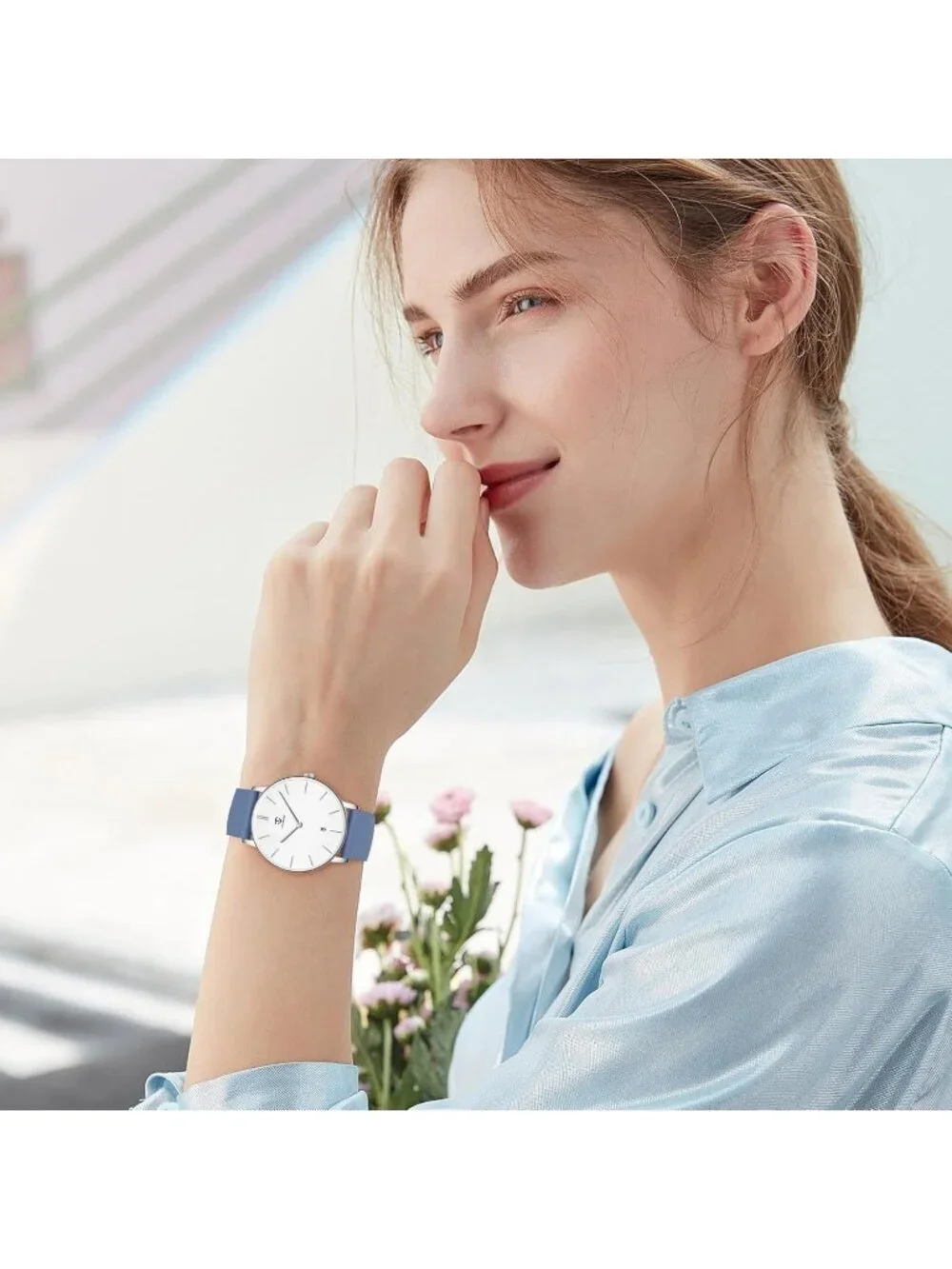 Men's White Dark Blue Leather Strap Analog Minimalist Fashion Simple Wrist Watch